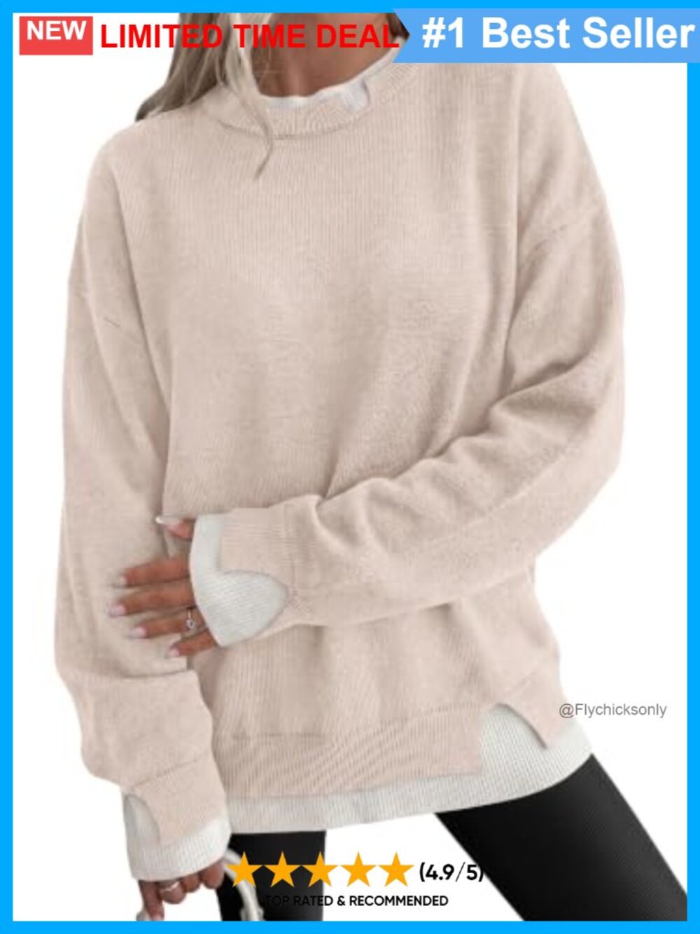 Oversized Ribbed Knit Patchwork Pullover Sweater Long Sleeve Crew Neck
